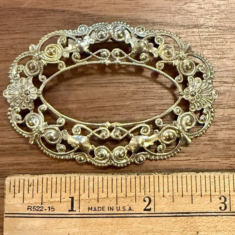 VTG Victorian Metal Brooch Sash Scarf Pin Filigree Scroll Oval Frame Large 3x2" - Picture 3 of 4